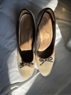Predictions Beige Canvas Ballet Flats with Brown Trim and Bow